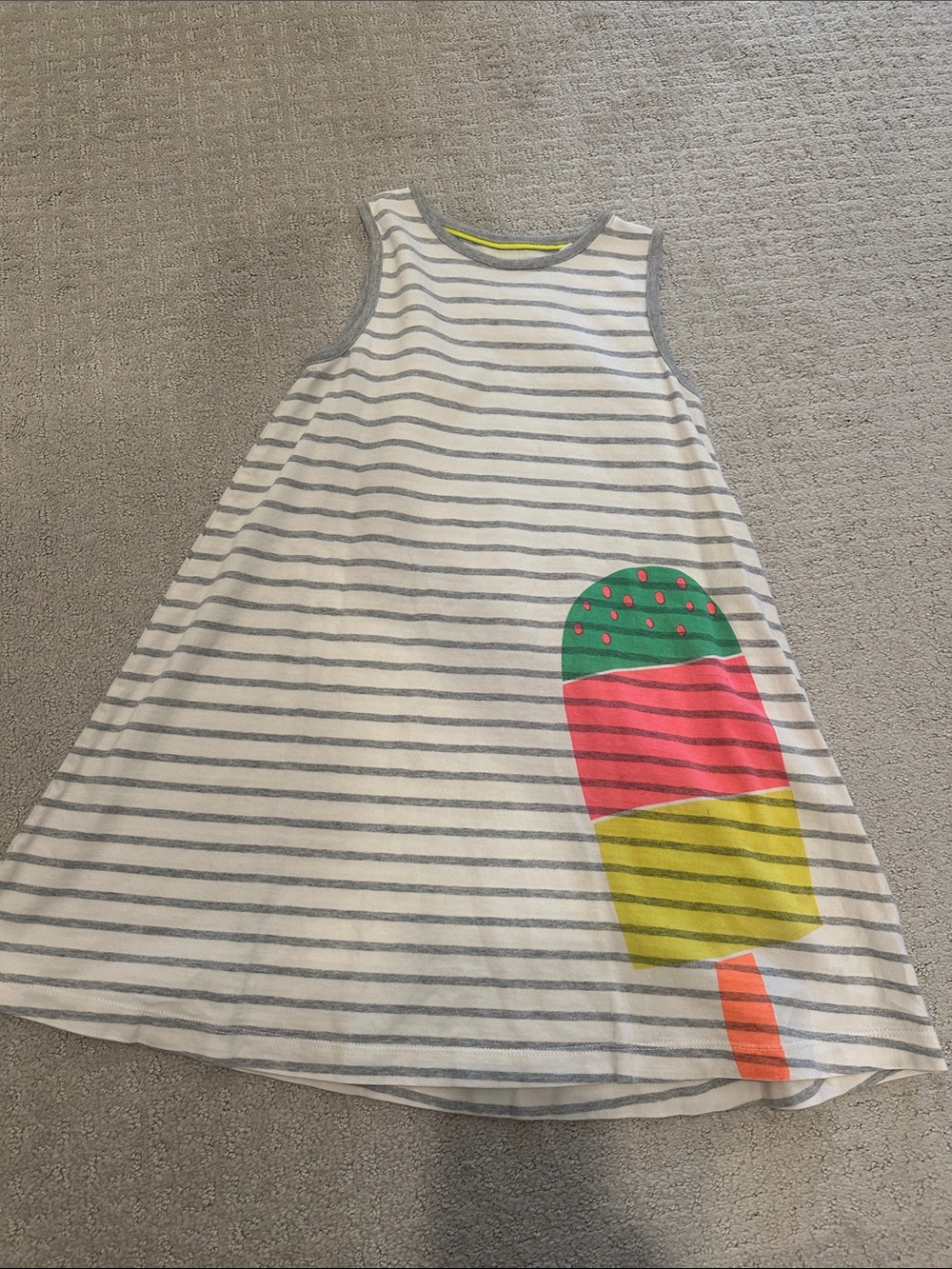 Mini Boden White and Gray Striped Dress with Colorful Popsicle Graphic size 6-7Y